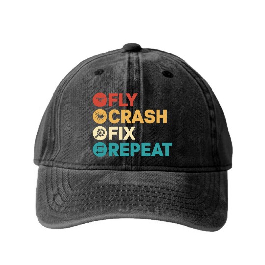 Fly Crash Fix Repeat Drone Pilot RC Flight Washed Denim Baseball Caps