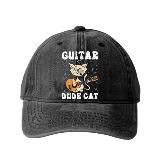 GUITAR DUDE CAT MUSICIAN FUNNY Washed Denim Baseball Caps