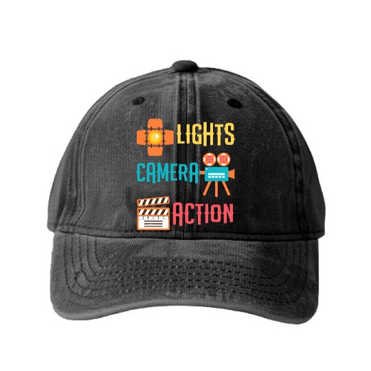 Cool Lights Camera Action Movie or Directors gift Washed Denim Baseball Caps