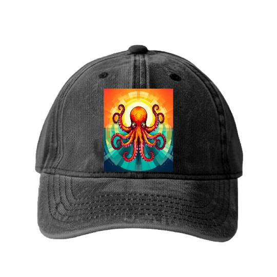Octopus Vibrant Geometric Deco Style Washed Denim Baseball Caps