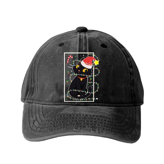 Black Cat Christmas Tree Lights Holiday Cats Lover Washed Denim Baseball Caps