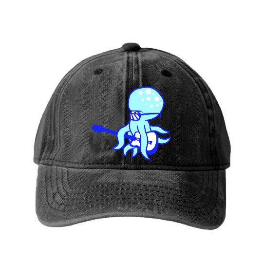 Cool Octopus Kraken Squid Plays Guitar Guitarist Washed Denim Baseball Caps