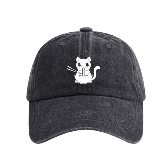 Cute Cat Eating Ramen Kawaii Food Design Washed Denim Baseball Caps