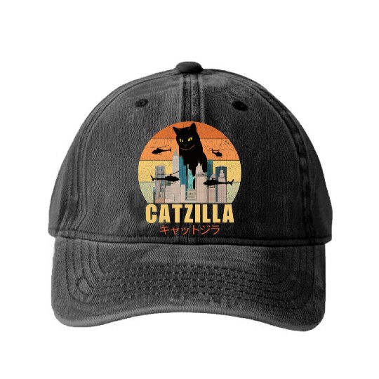 Retro Vintage Catzilla Japanese Cute Cat Lover Washed Denim Baseball Caps