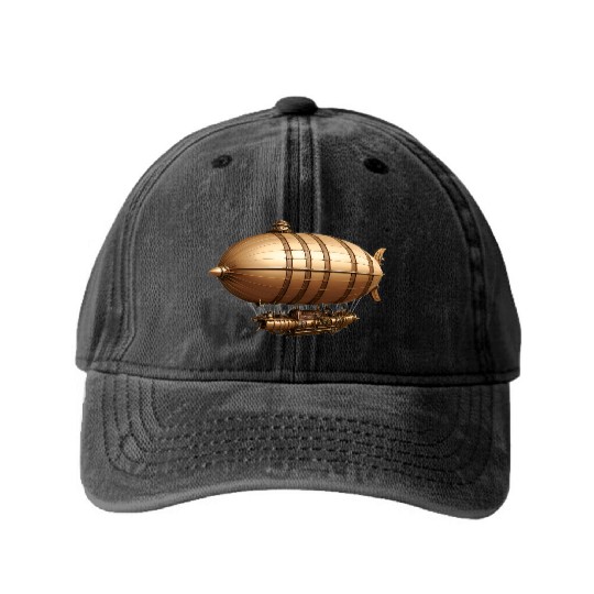 A large steampunk-style airship with bronze metal Washed Denim Baseball Caps