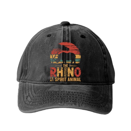 The Rhino Is My Spirit Animal Sunset Safari Washed Denim Baseball Caps