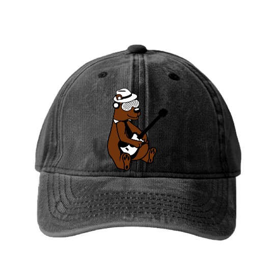 Cool Sitting Grizzly Brown Bear Playing Guitar Fun Washed Denim Baseball Caps