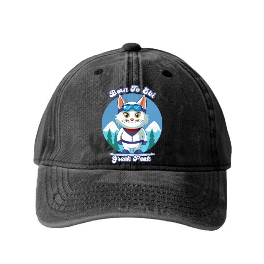 Little Cat skiing in Greek Peak Washed Denim Baseball Caps