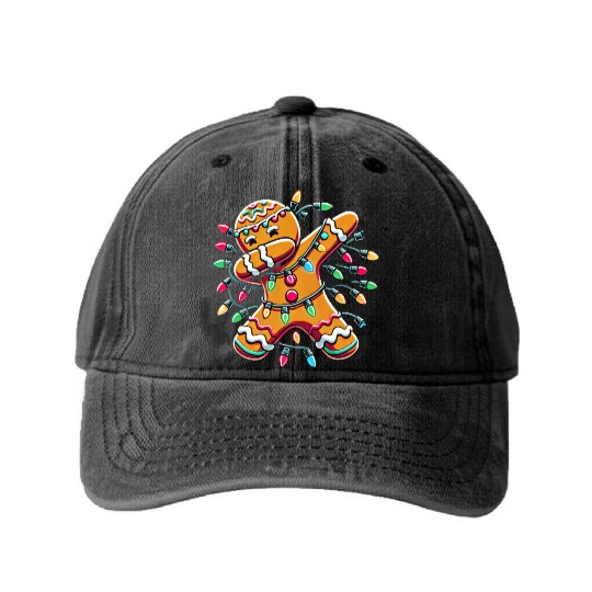 Dabbing Gingerbread Wrapped in Christmas Lights Washed Denim Baseball Caps