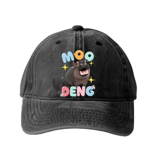 Cute Baby Pygmy Hippo MooDeng Bouncy Pig Washed Denim Baseball Caps
