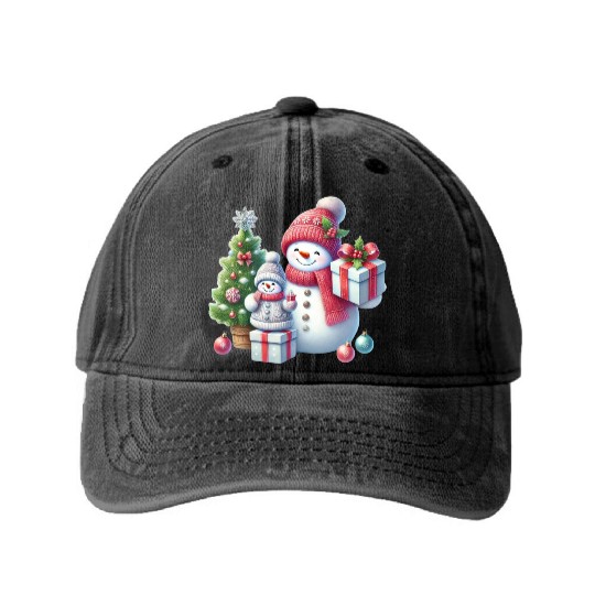Snowman Family Christmas Joy with Gifts and Tree Washed Denim Baseball Caps