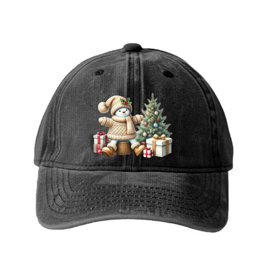 cute snowman in christmas and happy new year party Washed Denim Baseball Caps