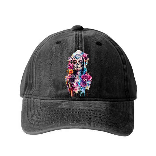 Santa Muerte Saint Mexican Folklore Dead Skull Washed Denim Baseball Caps