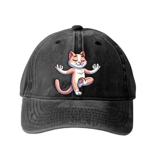Cat Yoga Meditation Meditating Balancing Training Washed Denim Baseball Caps