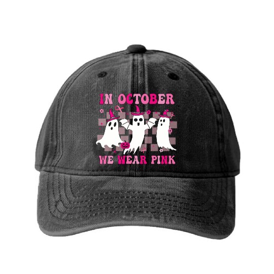 In October We Wear Pink Wizard Ghosts Halloween Washed Denim Baseball Caps