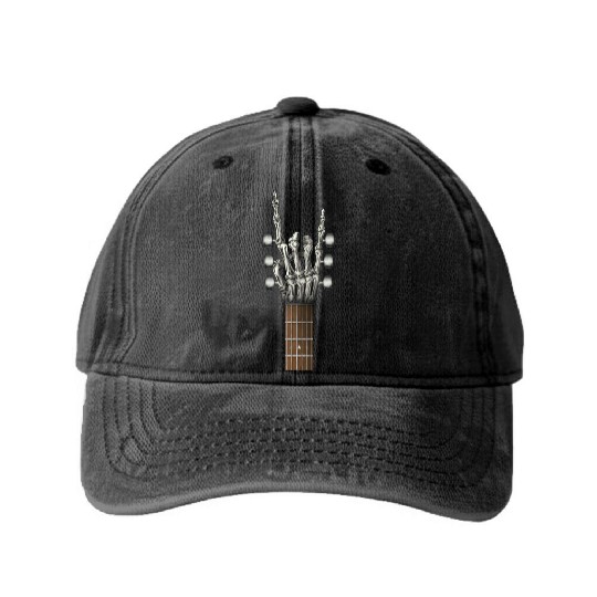 Rock On Guitar Neck Skeleton Hand Sign Rock & Roll Washed Denim Baseball Caps