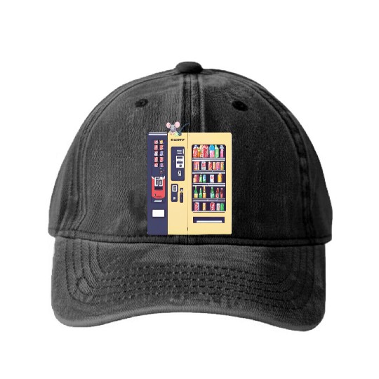 Japanese vending machine with little friend. Washed Denim Baseball Caps