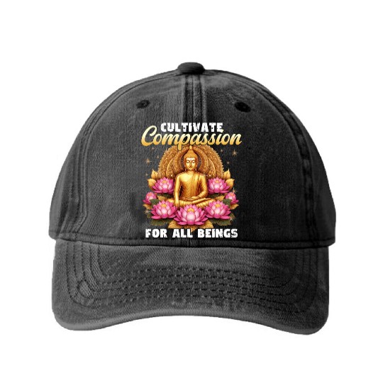 Cultivate Compassion For All Beings Buddha Design Washed Denim Baseball Caps