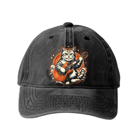 Cat Playing Guitar Rock Star Rock and Roll Washed Denim Baseball Caps