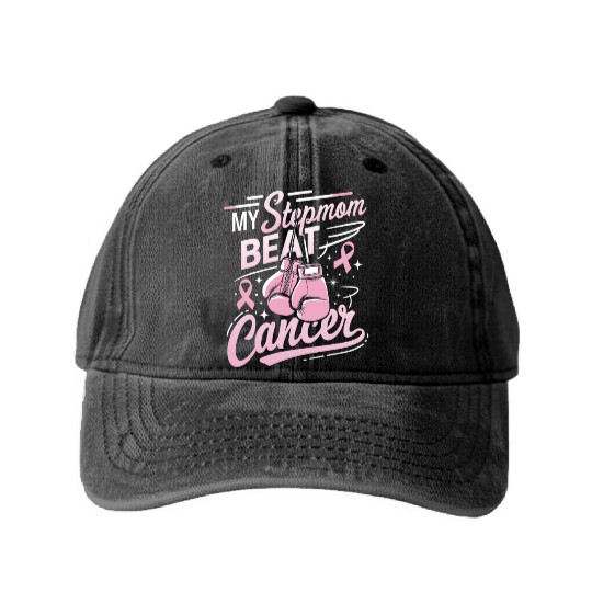 My Stepmom Beat Cancer Breast Cancer Awareness Washed Denim Baseball Caps