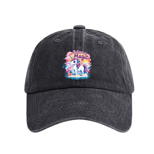 Believe In Magic Unicorn Fantasy Adventure Washed Denim Baseball Caps