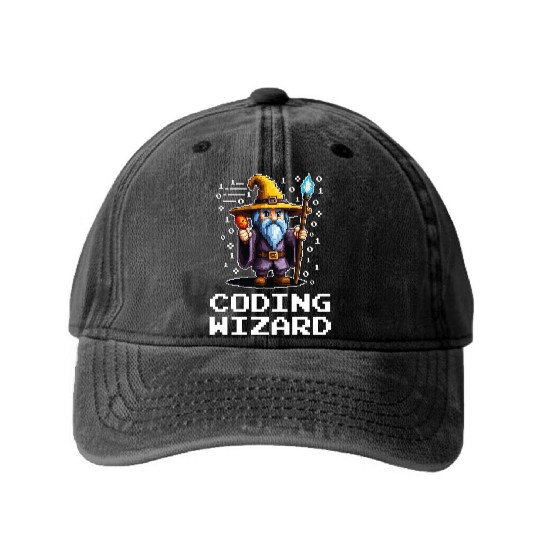 Funny Coding Wizard Pixel Fantasy Coder Magic Washed Denim Baseball Caps