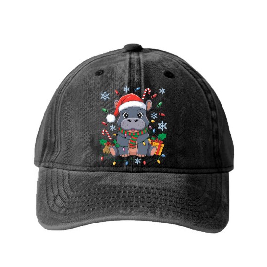 Cute Christmas Hippo - Holiday Lights and Gifts Washed Denim Baseball Caps