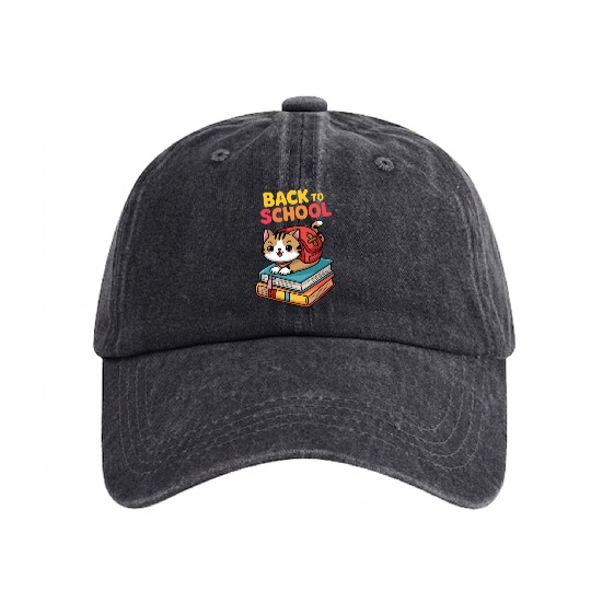 Playful Cat Back to School Illustration Washed Denim Baseball Caps