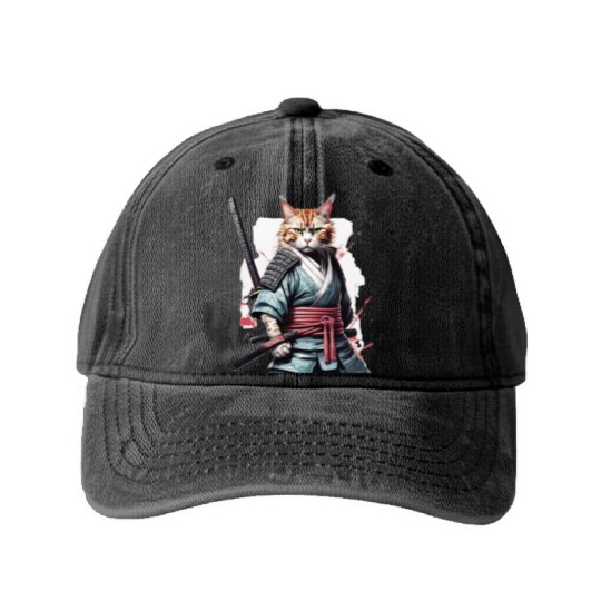 Fearless Samurai Cat Washed Denim Baseball Caps