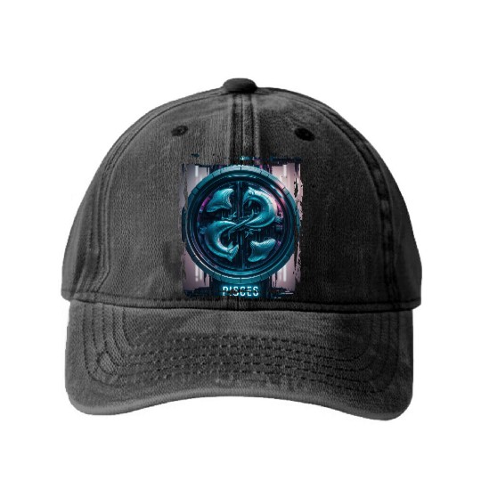 Zodiac sign Pisces in cyberpunk era Future Washed Denim Baseball Caps