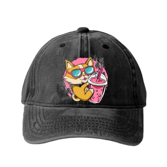 Kitten Kawaii Boba Milk Tea Drinking Cat Washed Denim Baseball Caps