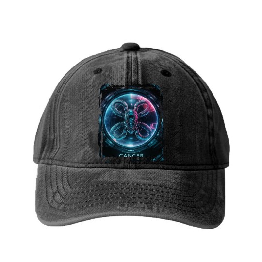 Zodiac sign Cancer in cyberpunk era Future Washed Denim Baseball Caps