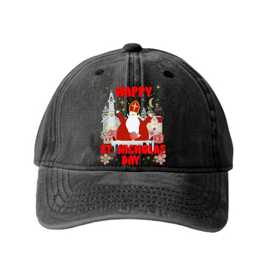 Happy saint Nicholas dayretro logo Washed Denim Baseball Caps