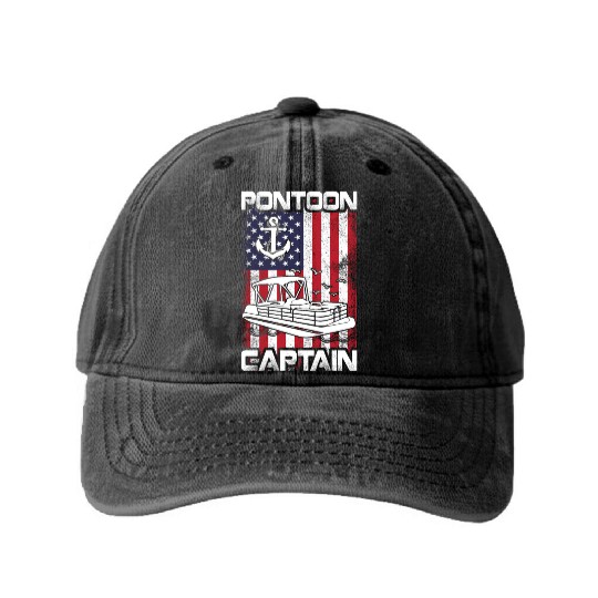 Pontoon Captain Patriotic 4th of July Family Washed Denim Baseball Caps
