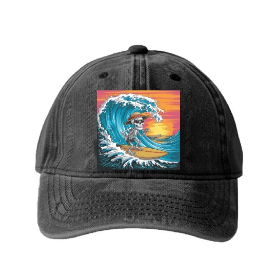 Surfing Skeleton Vibes Surfing Lifestyle Retro Washed Denim Baseball Caps