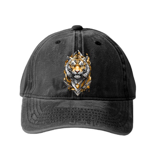 Majestic Tiger Emblem: Gold and Silver Art Washed Denim Baseball Caps