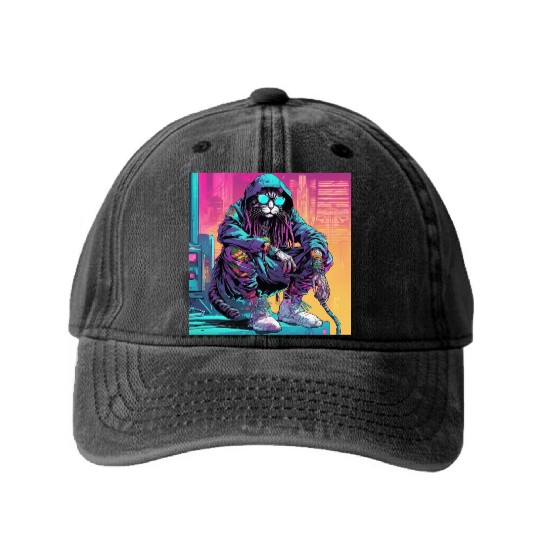 Cyberpunk Rastafari Cat Washed Denim Baseball Caps