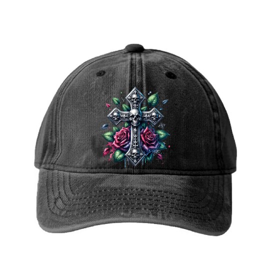 Gothic Collection - Cross, Skulls & Red Roses Washed Denim Baseball Caps