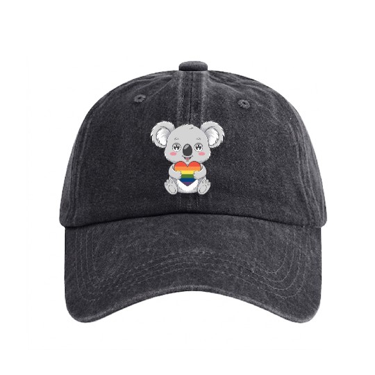 Cute Koala Holding Rainbow Heart LGTBQ Pride Washed Denim Baseball Caps