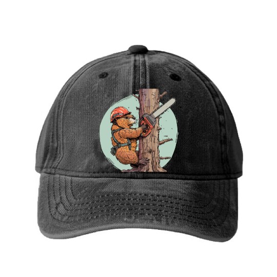 Beaver Lumberjack Chainsaw Washed Denim Baseball Caps