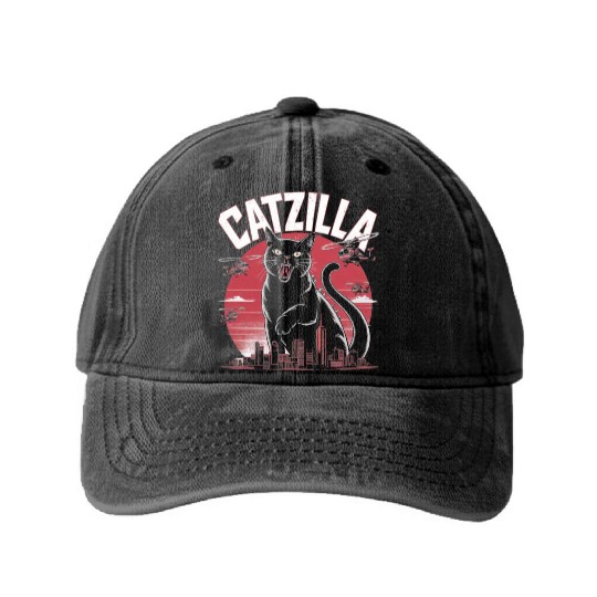 Catzilla Attacks City Design Washed Denim Baseball Caps
