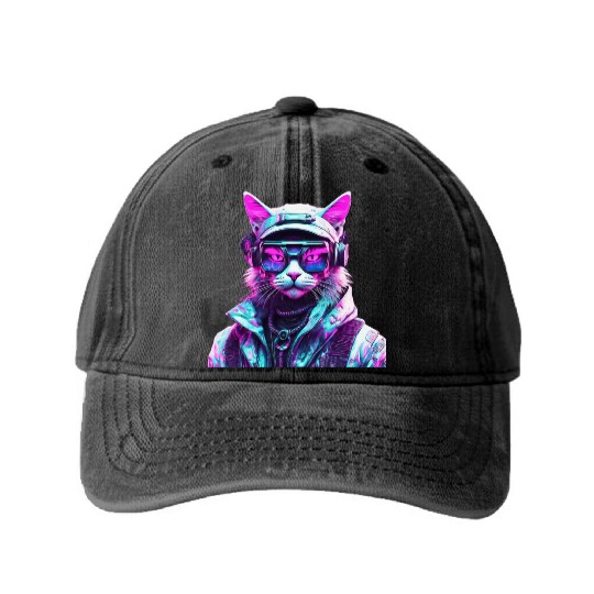 Mystical Cyberpunk Bad Cat Washed Denim Baseball Caps
