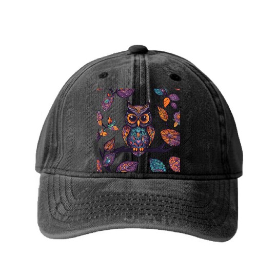 Halloween Owl Alebrije and Leaves Washed Denim Baseball Caps