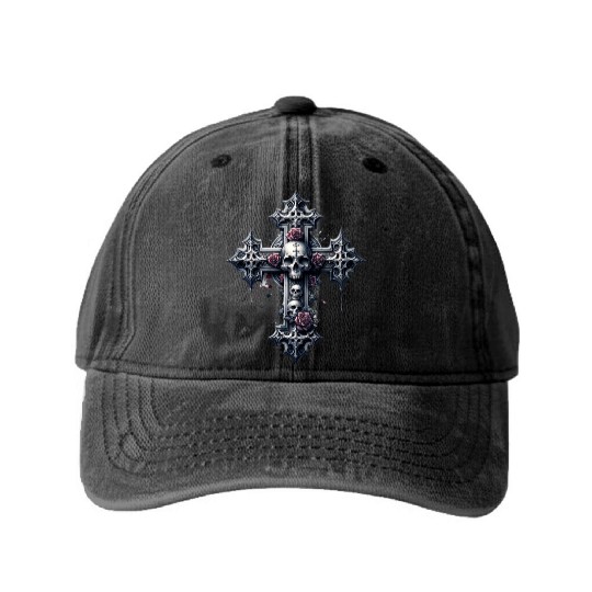 Gothic Cross Collection - Skulls and Red Roses Washed Denim Baseball Caps