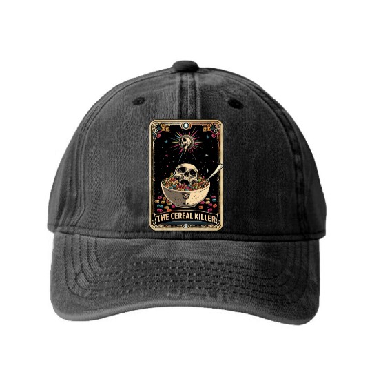 Cereal Killer Tarot Card Horror Movies True Crime Washed Denim Baseball Caps