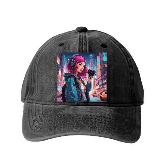 Cyberpunk Pink-Haired Girl - Neon Dreams Washed Denim Baseball Caps