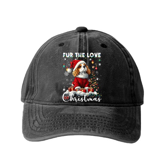 Cavalier King Charles Spaniel Christmas Tree Dog Washed Denim Baseball Caps