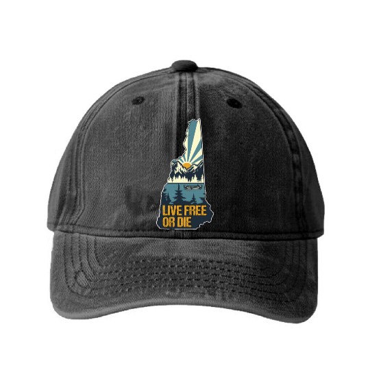 Live Free or Die Retro New Hampshire Nature Washed Denim Baseball Caps