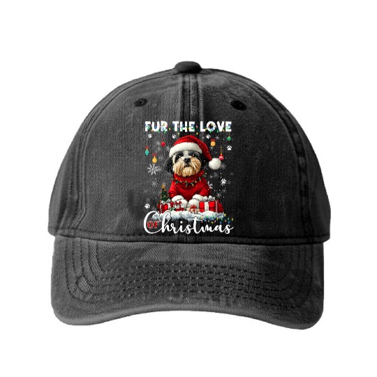 Shih Tzu Christmas Tree Lights Decorations Dog Washed Denim Baseball Caps