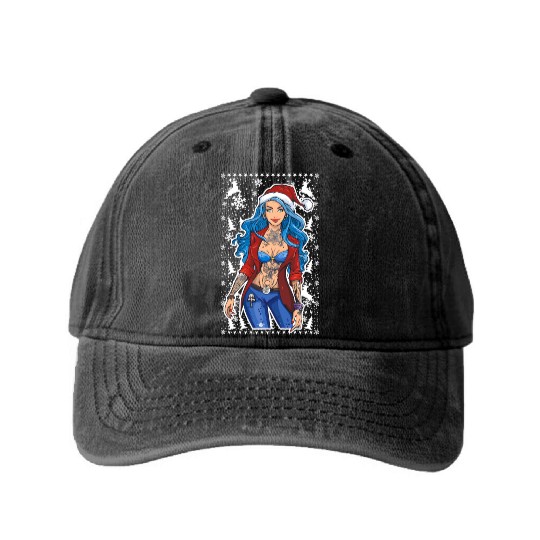 03 Sexy Christmas Woman Blue Hear Deer Tattoos Washed Denim Baseball Caps